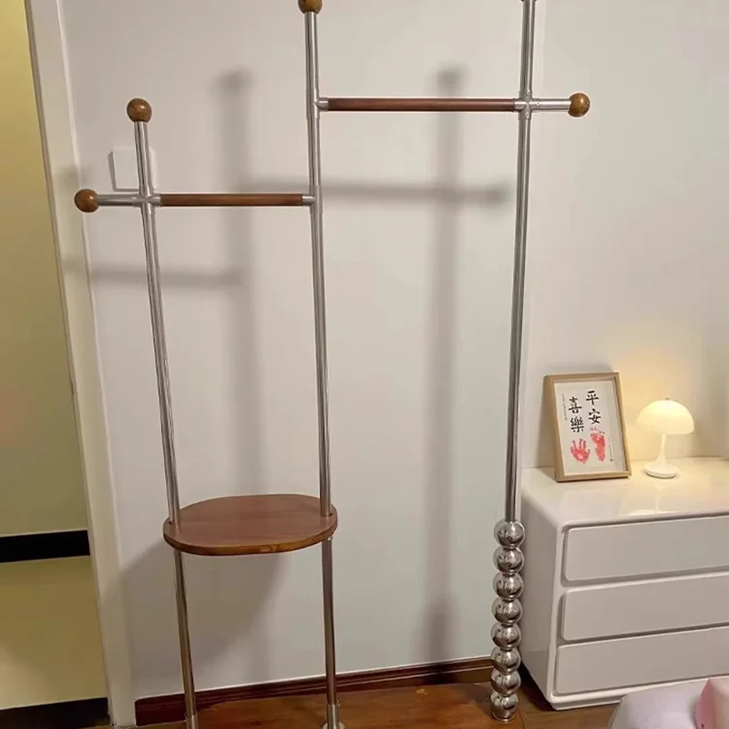 Modern Minimalist Stainless Steel/Carbon Steel & Plywood Oval Freestanding Hall Tree With Double Hanging Bars For Bedroom