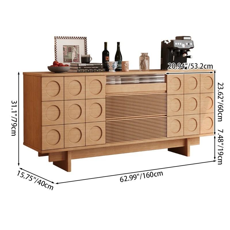 Modern Mid-Century Solid Wood & Plywood Geometric Drawer Fronts Storage Cabinet With 2 Cabinets 3 Drawers For Dining & Living Room