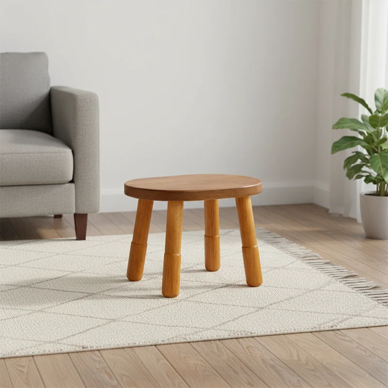 Traditional Rustic Lentil Cashew Shaped Rubberwood Kids Low Stool Backless Armless For Hallway