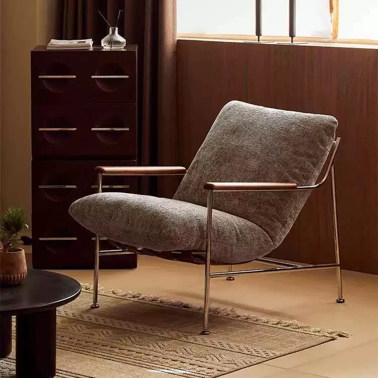 Contemporary Nordic Square Rectangular Saddle-Style Faux Leather Chenille Stainless Steel Removable Accent Chair Backrest Armrest For Living Room
