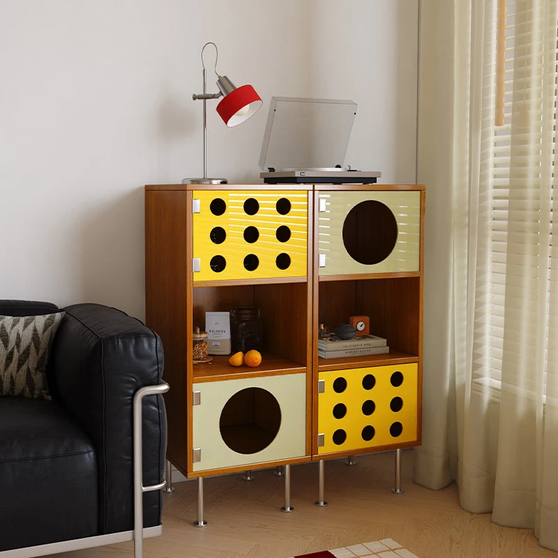 Contemporary Scandinavian Solid Wood Particle Board Stainless Steel Acrylic Rectangular Side Storage Cabinet 3-Cabinet For Living Room