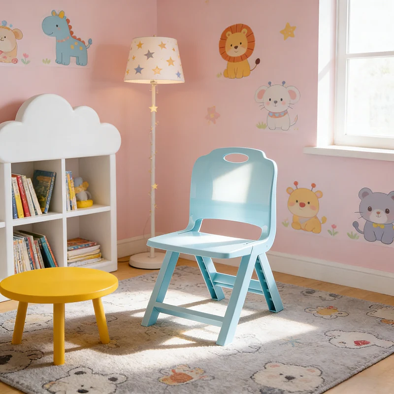 Modern Minimalist Curved Rectangular PP Plastic Kids Folding Chair Backrest Armless For Living Room & Study Room