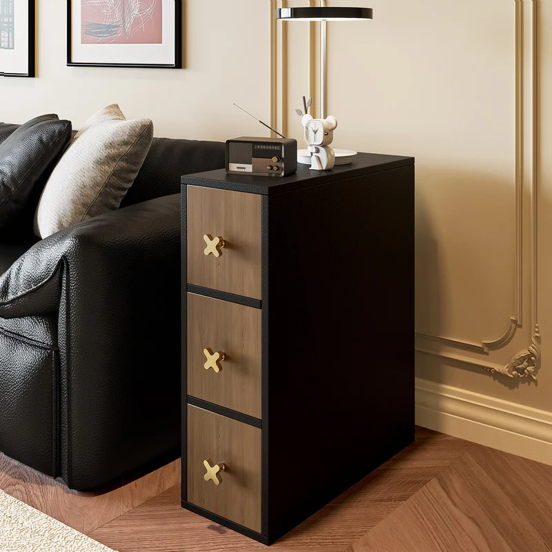 Contemporary Retro Narrow Rectangular Solid Pine Wood Microfiber Leather Side Storage Cabinet 3-Drawer For Living Room