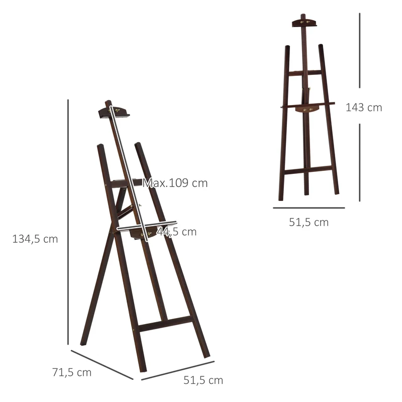 Chevalet d'artiste sur pieds 51,5 x 71,5 x 134,5 cm inclinable jusqu'à 90° support réglable rustique en bois de pin café 21_0006103