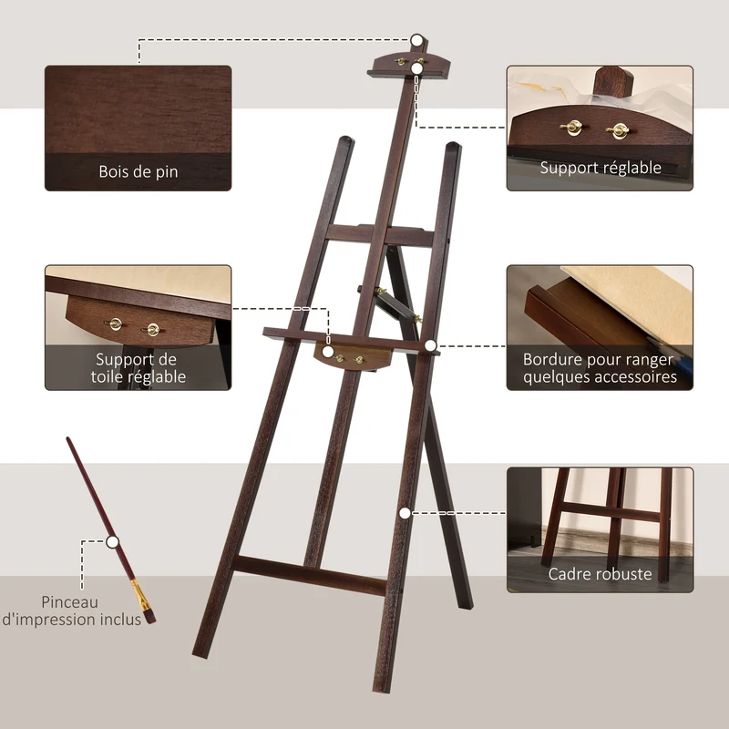Chevalet d'artiste sur pieds 51,5 x 71,5 x 134,5 cm inclinable jusqu'à 90° support réglable rustique en bois de pin café 21_0006103
