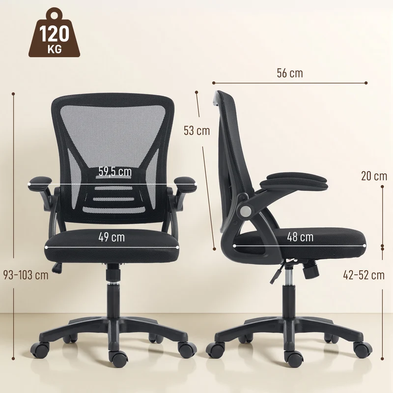 Chaise de bureau ergonomique 59,5 x 56 x 93-103 cm assise rembourrée accoudoirs relevables moderne design en maille noir 21_0006333