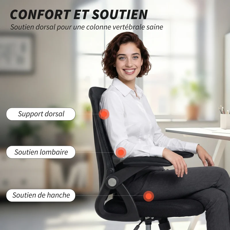 Chaise de bureau ergonomique 59,5 x 56 x 93-103 cm assise rembourrée accoudoirs relevables moderne design en maille noir 21_0006333