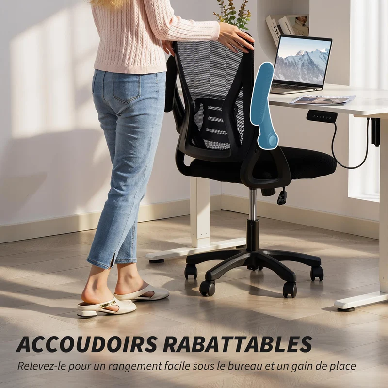 Chaise de bureau ergonomique 59,5 x 56 x 93-103 cm assise rembourrée accoudoirs relevables moderne design en maille noir 21_0006333