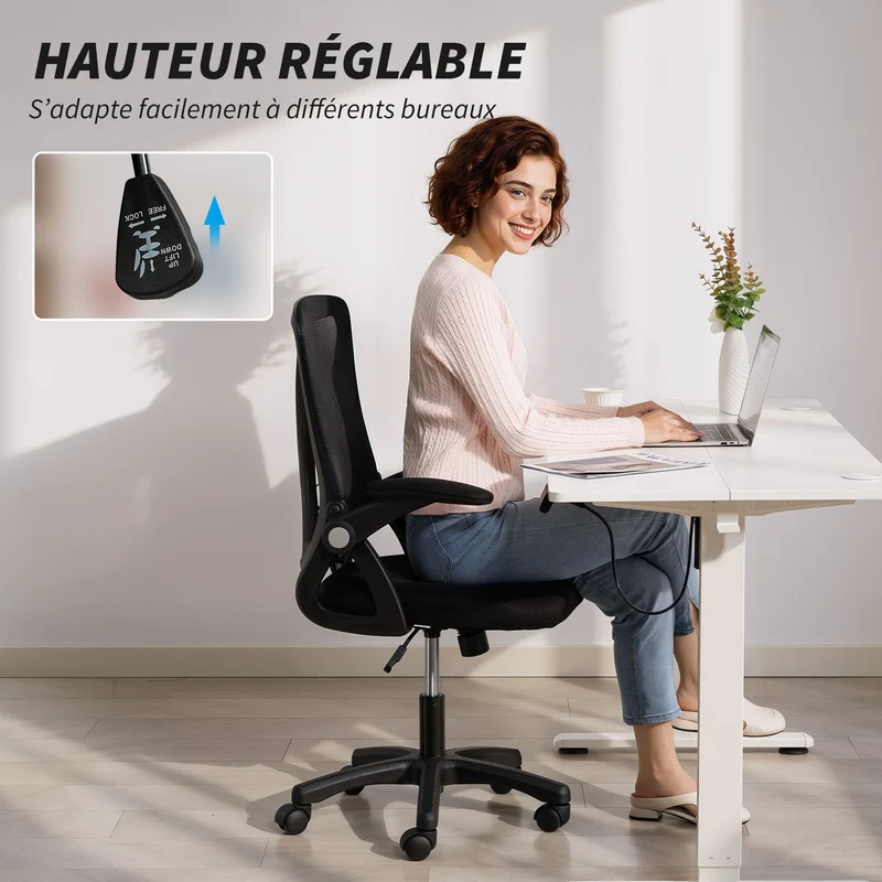 Chaise de bureau ergonomique 59,5 x 56 x 93-103 cm assise rembourrée accoudoirs relevables moderne design en maille noir 21_0006333