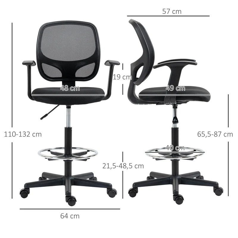 Chaise de bureau 64 x 57 x 110-132 cm assise rembourrée confortable repose-pieds réglable moderne tendance en tissu noir 21_0006222