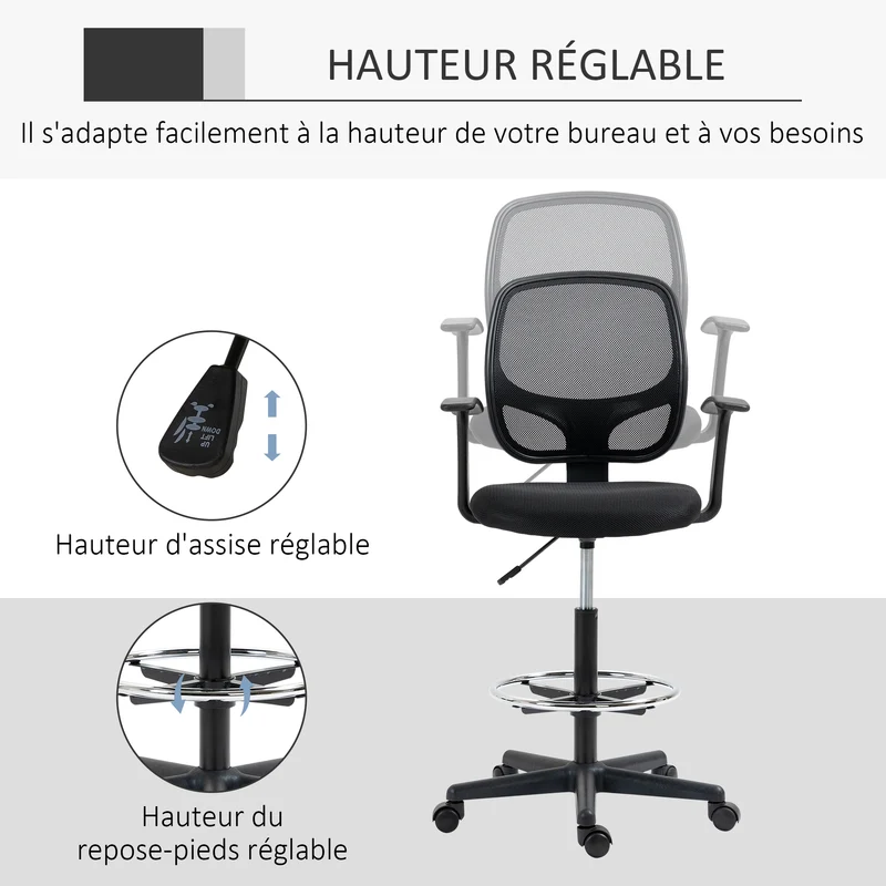 Chaise de bureau 64 x 57 x 110-132 cm assise rembourrée confortable repose-pieds réglable moderne tendance en tissu noir 21_0006222