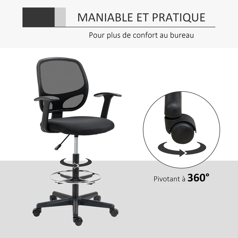 Chaise de bureau 64 x 57 x 110-132 cm assise rembourrée confortable repose-pieds réglable moderne tendance en tissu noir 21_0006222