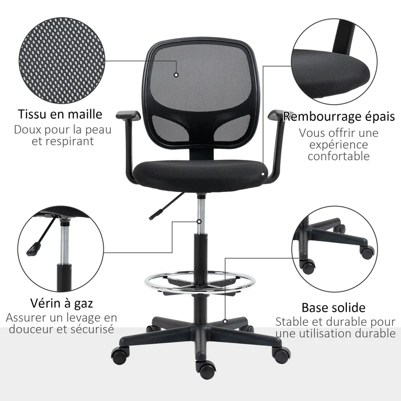 Chaise de bureau 64 x 57 x 110-132 cm assise rembourrée confortable repose-pieds réglable moderne tendance en tissu noir 21_0006222