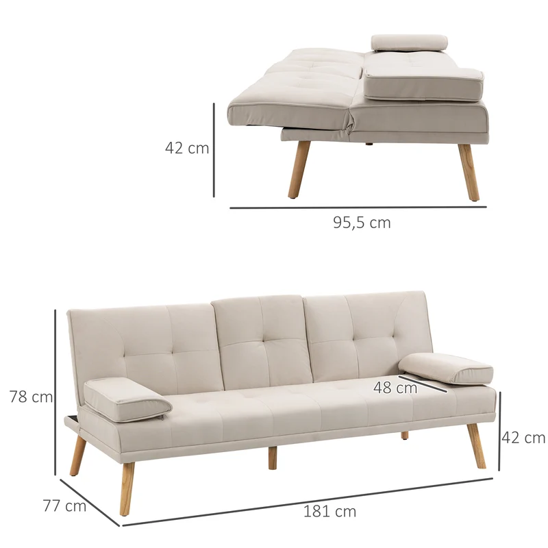Canapé convertible 3 places 181 x 77 x 78 cm dossier 3 positions assise 18cm scandinave chaleureux en tissu de lin beige 21_0001752