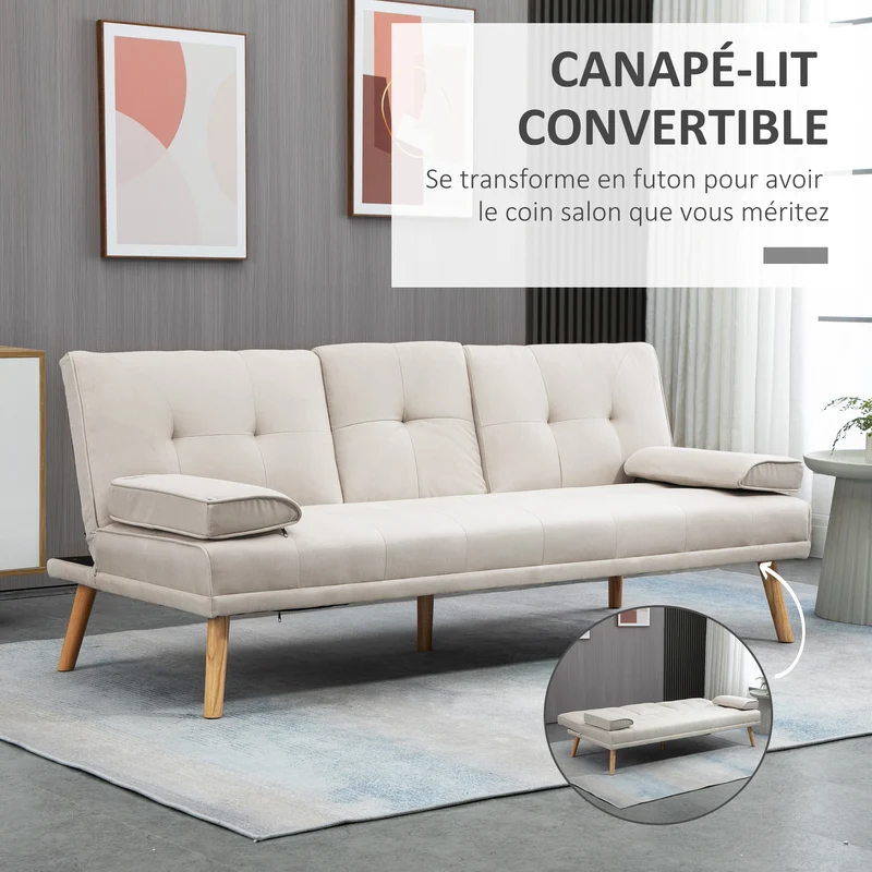 Canapé convertible 3 places 181 x 77 x 78 cm dossier 3 positions assise 18cm scandinave chaleureux en tissu de lin beige 21_0001752