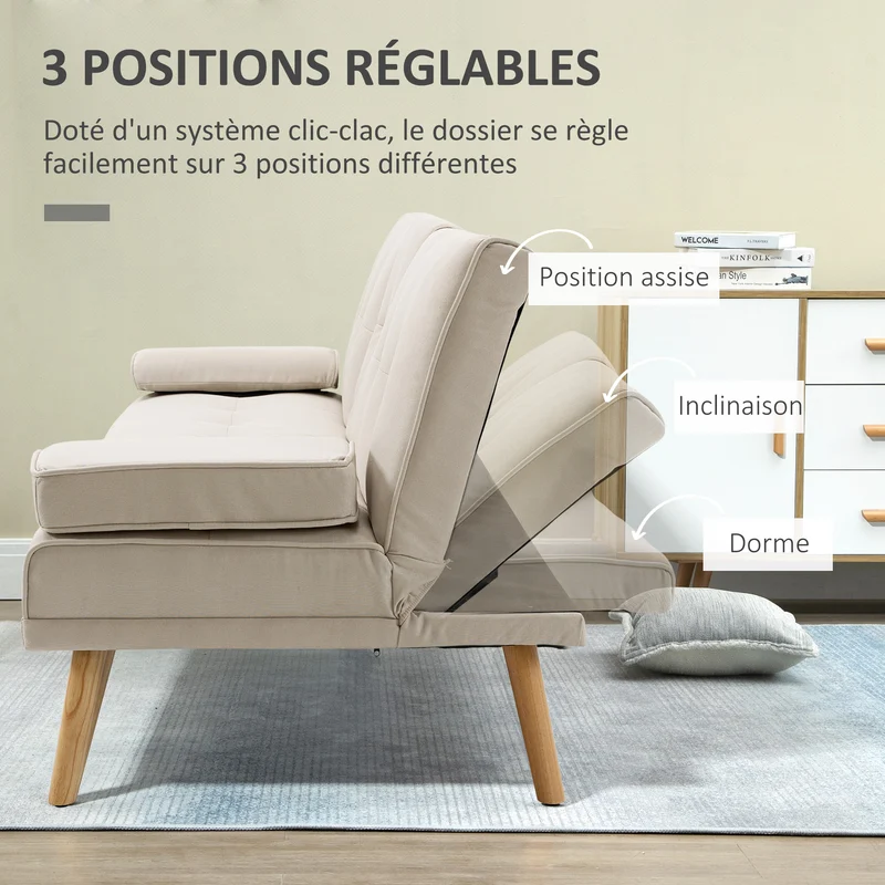 Canapé convertible 3 places 181 x 77 x 78 cm dossier 3 positions assise 18cm scandinave chaleureux en tissu de lin beige 21_0001752