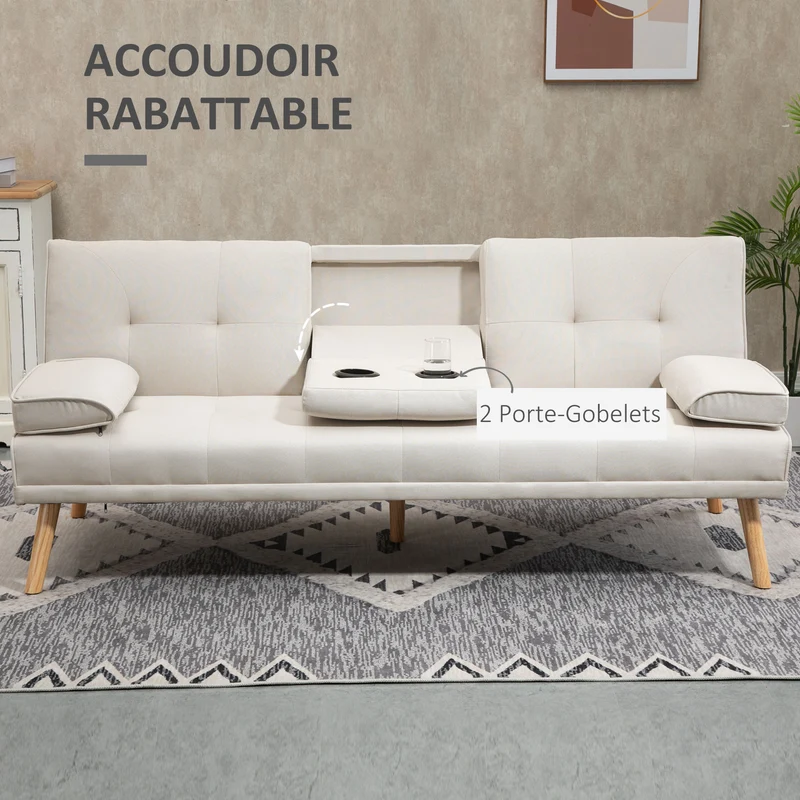 Canapé convertible 3 places 181 x 77 x 78 cm dossier 3 positions assise 18cm scandinave chaleureux en tissu de lin beige 21_0001752