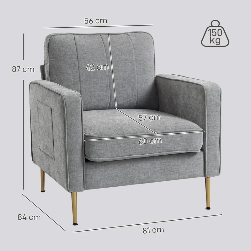 Canapé 1 place 81 x 84 x 87 cm grand confort assise rembourrée pochettes latérales contemporain épuré en polyester gris 21_0003154
