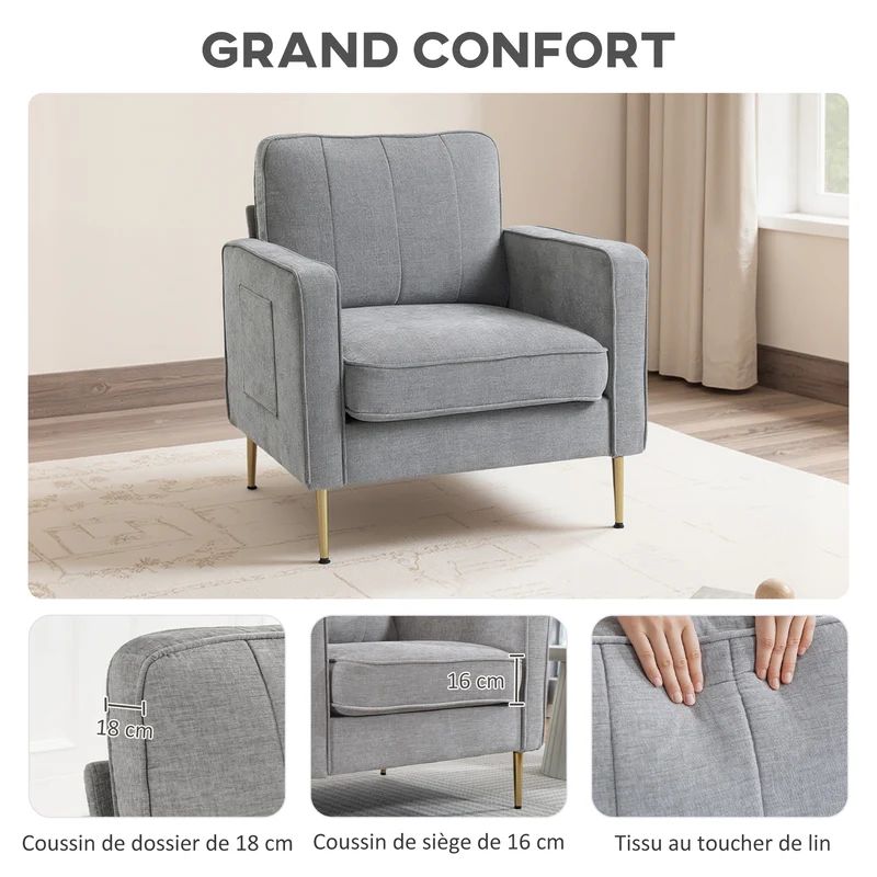 Canapé 1 place 81 x 84 x 87 cm grand confort assise rembourrée pochettes latérales contemporain épuré en polyester gris 21_0003154