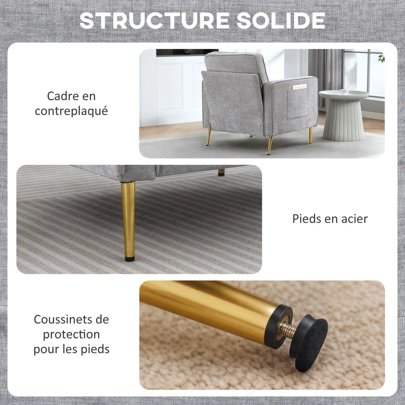 Canapé 1 place 81 x 84 x 87 cm grand confort assise rembourrée pochettes latérales contemporain épuré en polyester gris 21_0003154