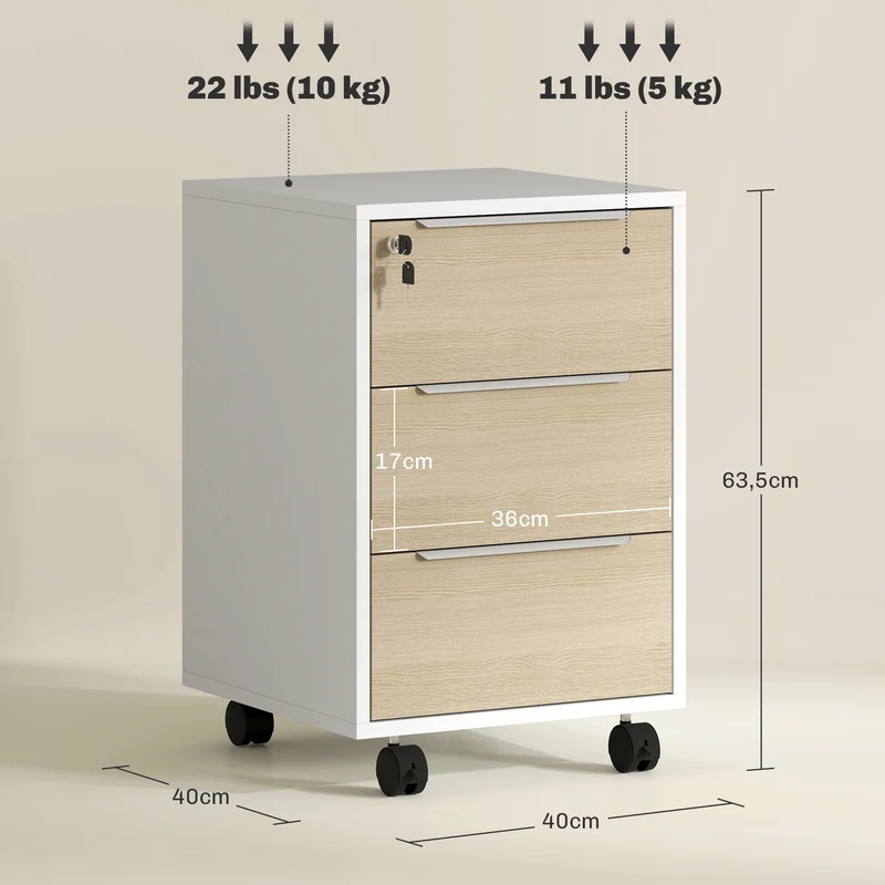 Caisson de bureau à roulettes 40 x 40 x 63.5 cm 3 tiroirs serrure contemporain épuré idéal pour bureau en MDF blanc 21_0002455