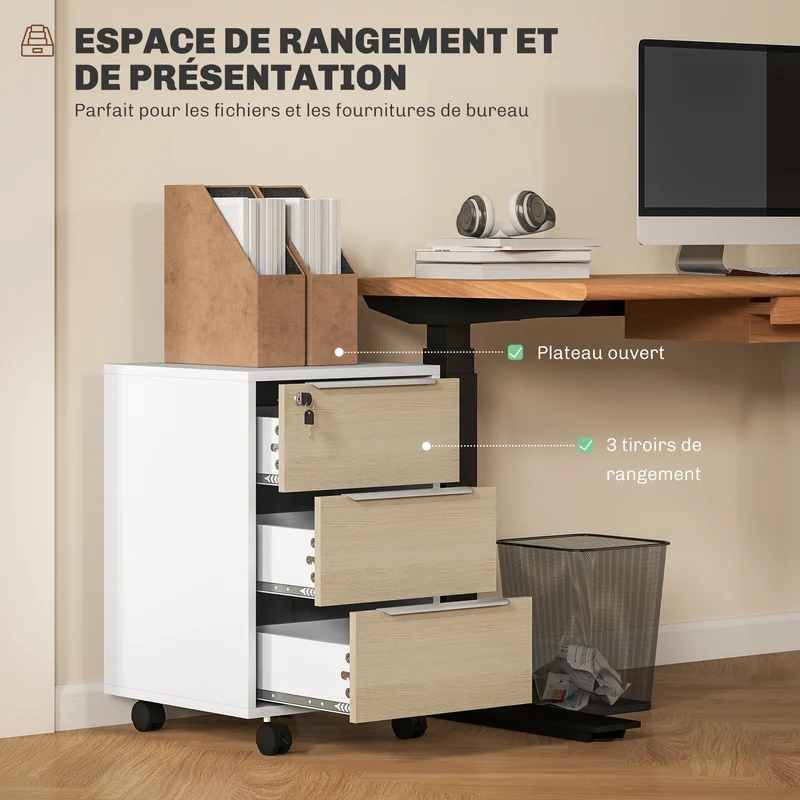 Caisson de bureau à roulettes 40 x 40 x 63.5 cm 3 tiroirs serrure contemporain épuré idéal pour bureau en MDF blanc 21_0002455