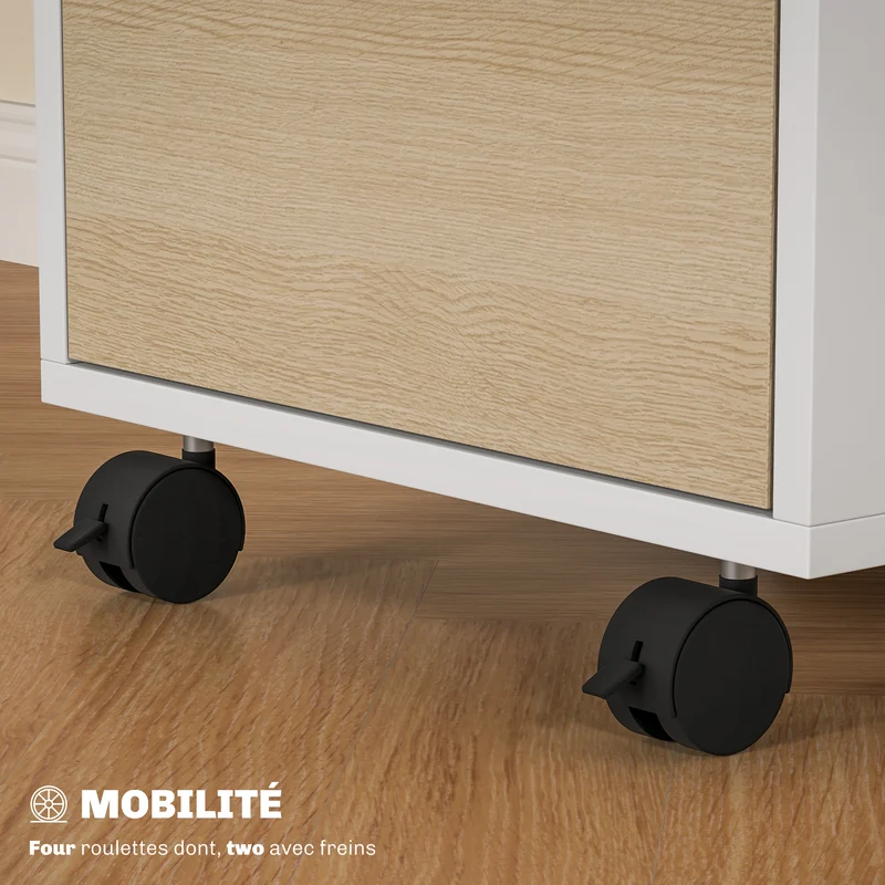 Caisson de bureau à roulettes 40 x 40 x 63.5 cm 3 tiroirs serrure contemporain épuré idéal pour bureau en MDF blanc 21_0002455