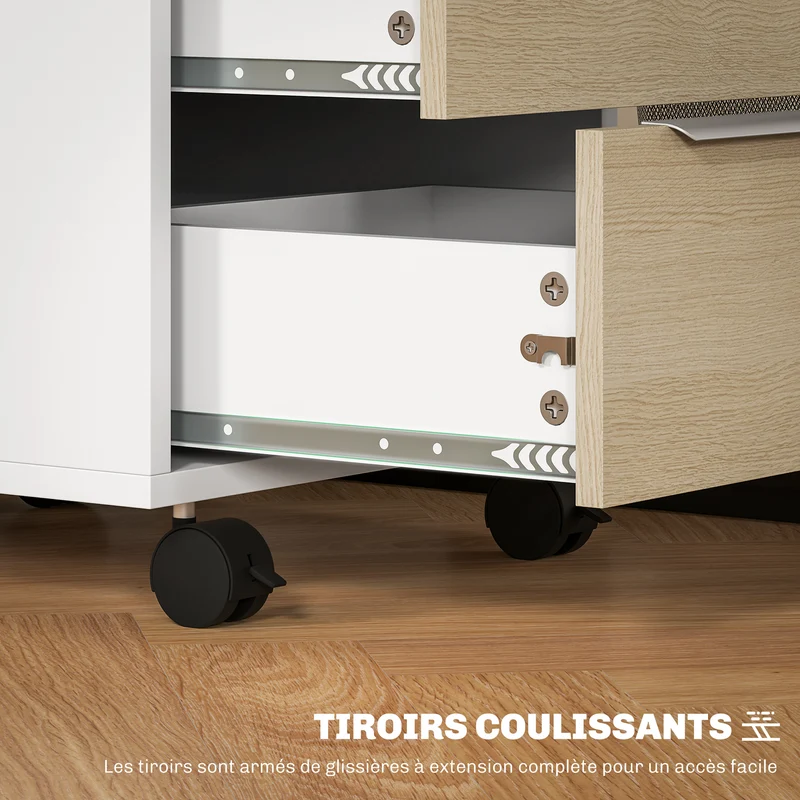 Caisson de bureau à roulettes 40 x 40 x 63.5 cm 3 tiroirs serrure contemporain épuré idéal pour bureau en MDF blanc 21_0002455