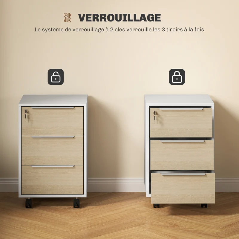 Caisson de bureau à roulettes 40 x 40 x 63.5 cm 3 tiroirs serrure contemporain épuré idéal pour bureau en MDF blanc 21_0002455