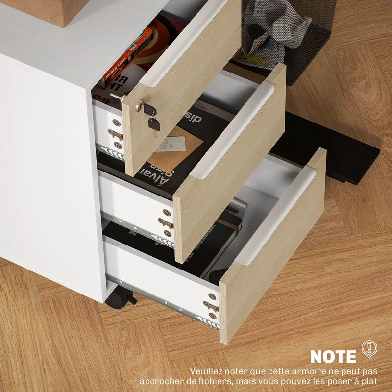 Caisson de bureau à roulettes 40 x 40 x 63.5 cm 3 tiroirs serrure contemporain épuré idéal pour bureau en MDF blanc 21_0002455