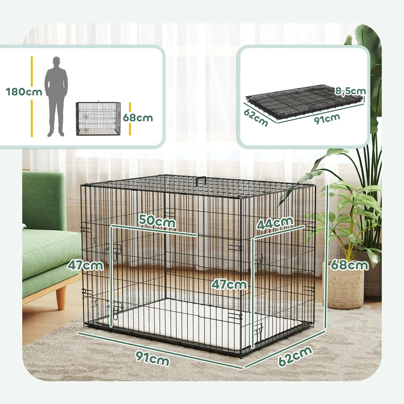 Cage de transport pliante pour chien 90 x 57.5 x 62 cm bac amovible coussin inclus design contemporain en acier noir 21_0007208