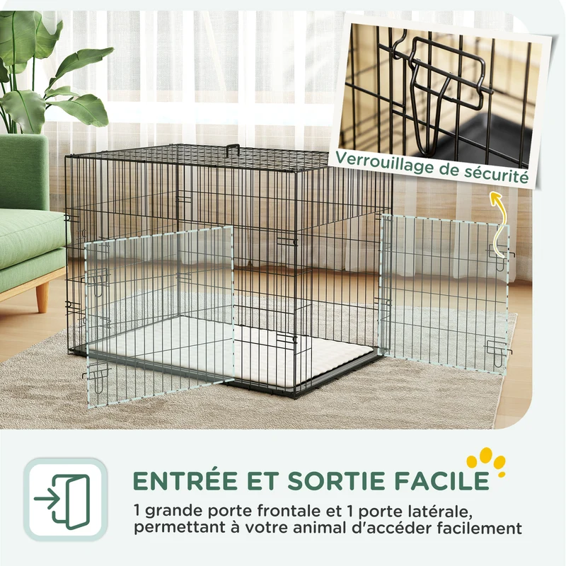 Cage de transport pliante pour chien 90 x 57.5 x 62 cm bac amovible coussin inclus design contemporain en acier noir 21_0007208