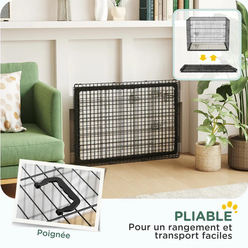 Cage de transport pliante pour chien 90 x 57.5 x 62 cm bac amovible coussin inclus design contemporain en acier noir 21_0007208