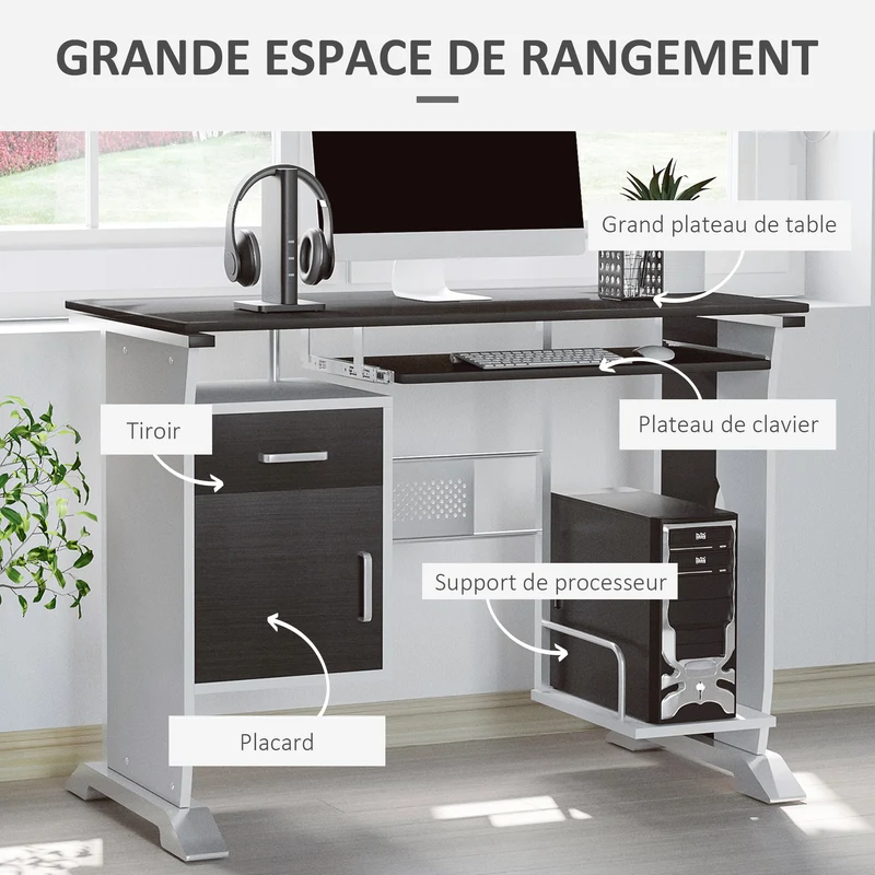 Bureau informatique compact 100 x 52 x 75 cm multi rangements tablette coulissante contemporain épuré salon en MDF noir 21_0006119