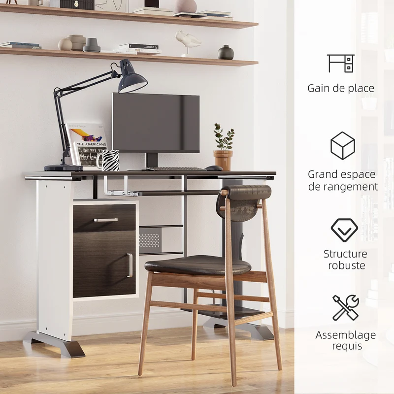 Bureau informatique compact 100 x 52 x 75 cm multi rangements tablette coulissante contemporain épuré salon en MDF noir 21_0006119