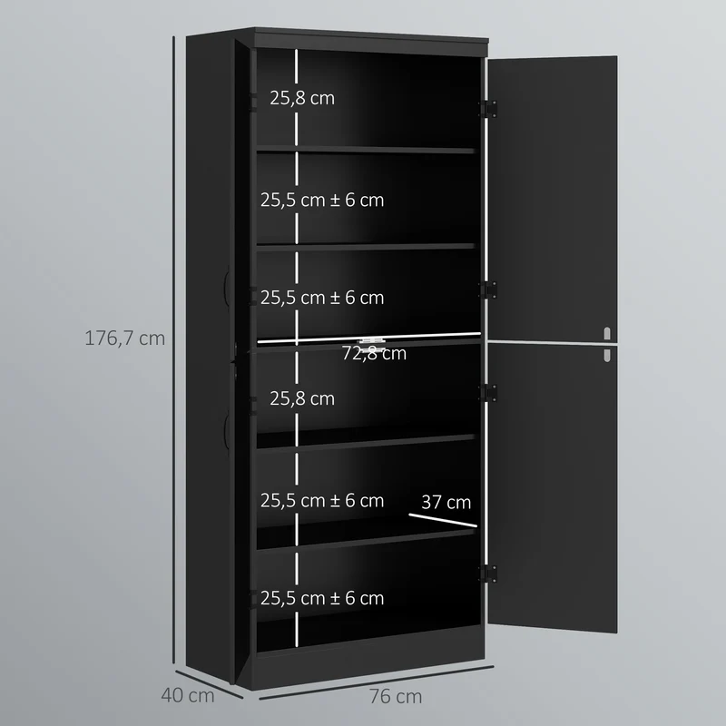Buffet haut de cuisine rangement 76 x 40 x 176,7 cm gain de place 6 étagères réglables style contemporain en MDF noir 21_0002831