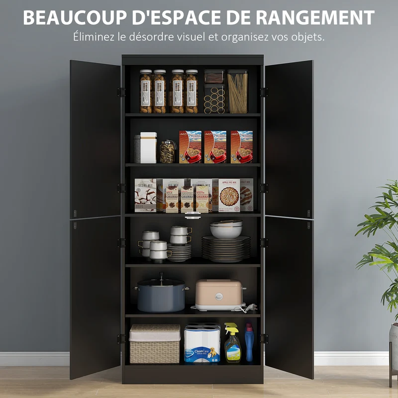 Buffet haut de cuisine rangement 76 x 40 x 176,7 cm gain de place 6 étagères réglables style contemporain en MDF noir 21_0002831