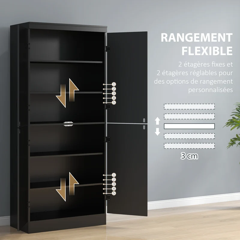 Buffet haut de cuisine rangement 76 x 40 x 176,7 cm gain de place 6 étagères réglables style contemporain en MDF noir 21_0002831