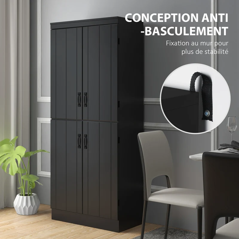 Buffet haut de cuisine rangement 76 x 40 x 176,7 cm gain de place 6 étagères réglables style contemporain en MDF noir 21_0002831