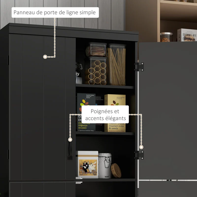 Buffet haut de cuisine rangement 76 x 40 x 176,7 cm gain de place 6 étagères réglables style contemporain en MDF noir 21_0002831