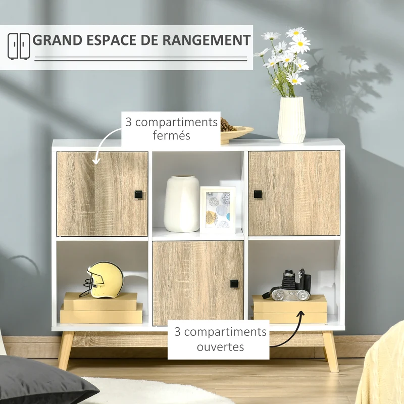 Buffet de rangement moderne 96 x 30 x 75 cm 3 portes 3 niches rangement optimal scandinave en panneau de particules blanc 21_0002859