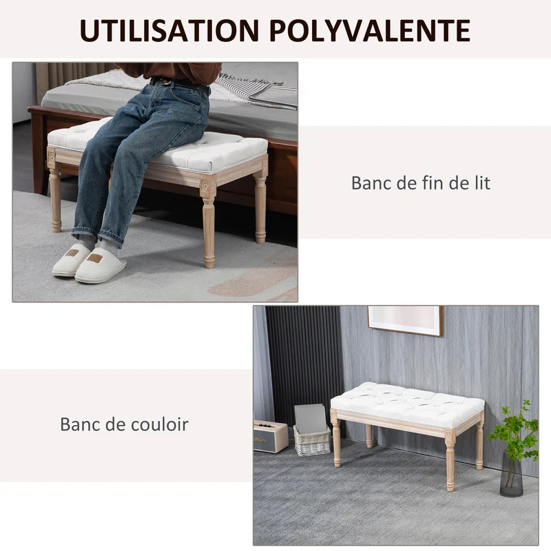 Banc bout de lit capitonné 117 x 40 x 48 cm assise mousse épaisse style vintage chambre ambiance cosy en polyester crème 21_0001582