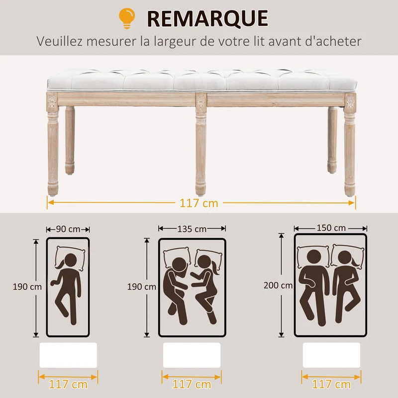 Banc bout de lit capitonné 117 x 40 x 48 cm assise mousse épaisse style vintage chambre ambiance cosy en polyester crème 21_0001582