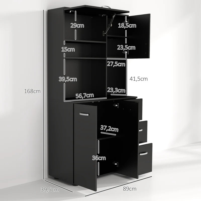 Armoire de cuisine 89 x 39,5 x 168 cm 4 portes 3 tiroirs grand plateau design contemporain en bois d'ingénierie noir 21_0001769