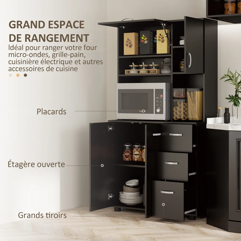 Armoire de cuisine 89 x 39,5 x 168 cm 4 portes 3 tiroirs grand plateau design contemporain en bois d'ingénierie noir 21_0001769