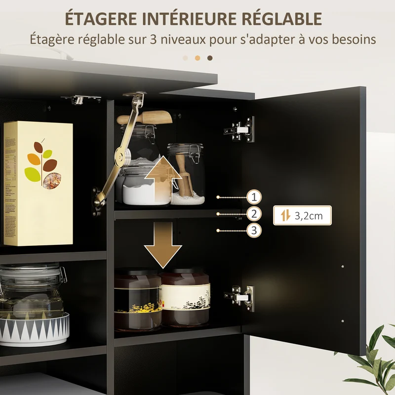 Armoire de cuisine 89 x 39,5 x 168 cm 4 portes 3 tiroirs grand plateau design contemporain en bois d'ingénierie noir 21_0001769