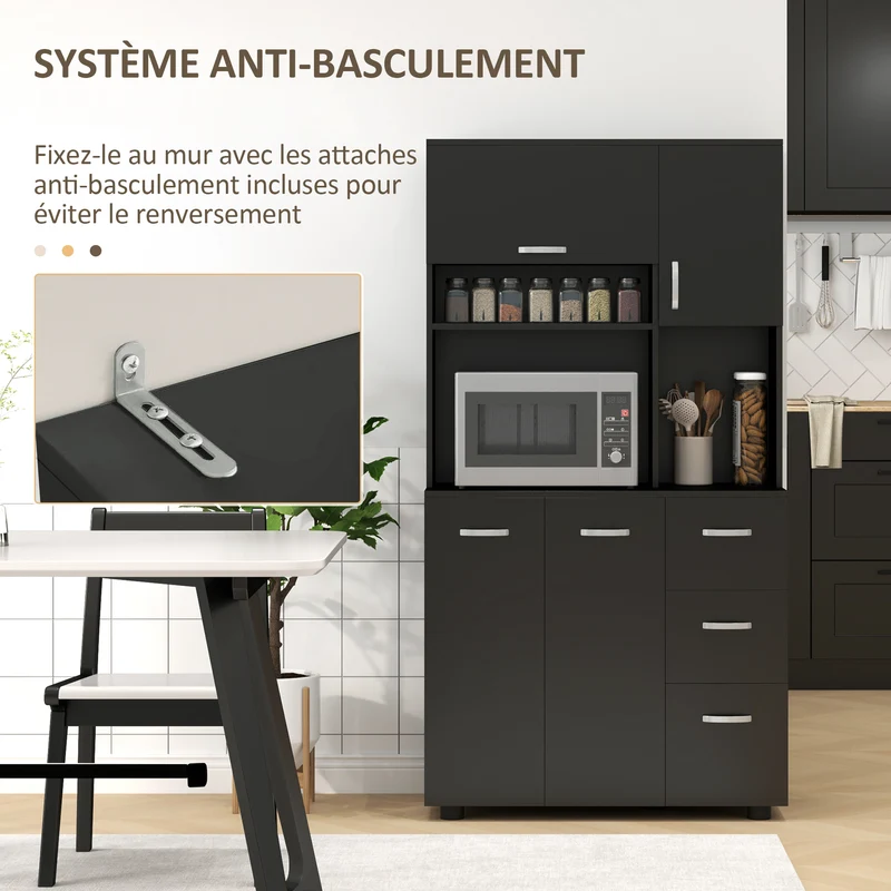 Armoire de cuisine 89 x 39,5 x 168 cm 4 portes 3 tiroirs grand plateau design contemporain en bois d'ingénierie noir 21_0001769