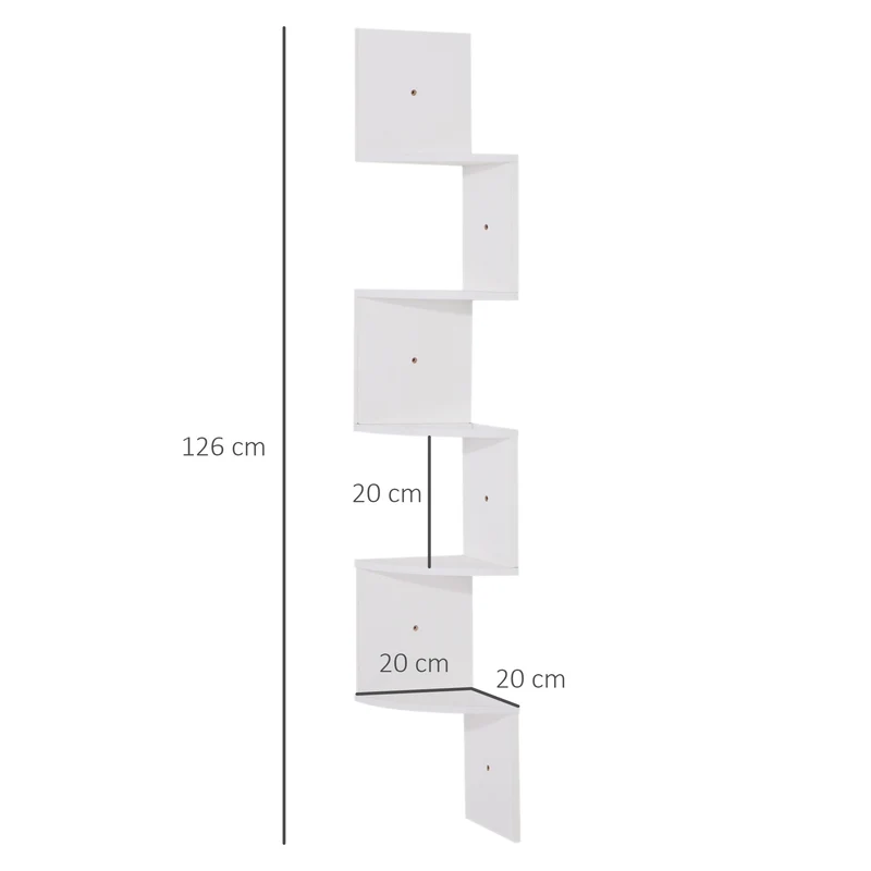 Étagère d'angle zigzag 20 x 20 x 126 cm 5 niveaux rangement livres déco contemporain en panneaux de particule blanc 21_0001219