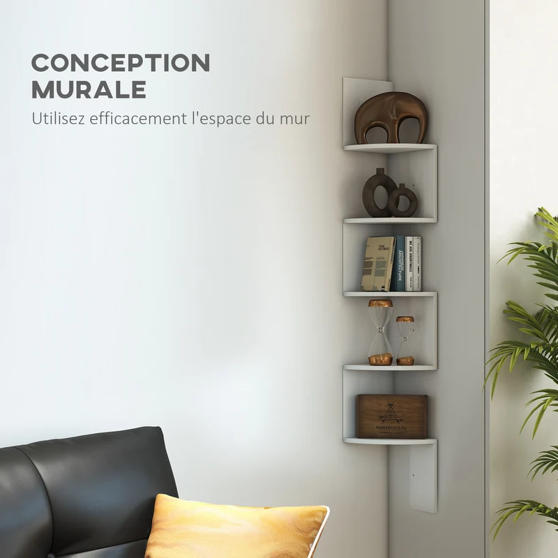 Étagère d'angle zigzag 20 x 20 x 126 cm 5 niveaux rangement livres déco contemporain en panneaux de particule blanc 21_0001219
