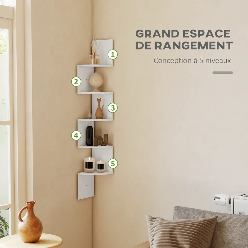 Étagère d'angle zigzag 20 x 20 x 126 cm 5 niveaux rangement livres déco contemporain en panneaux de particule blanc 21_0001219